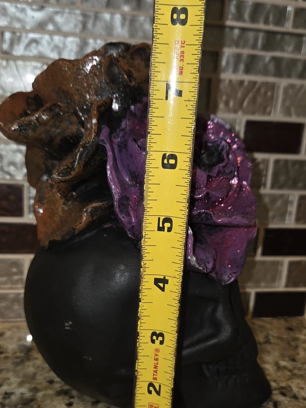 Black Resin Decorative Halloween Skull with Purple Lavender & Orange Flowers